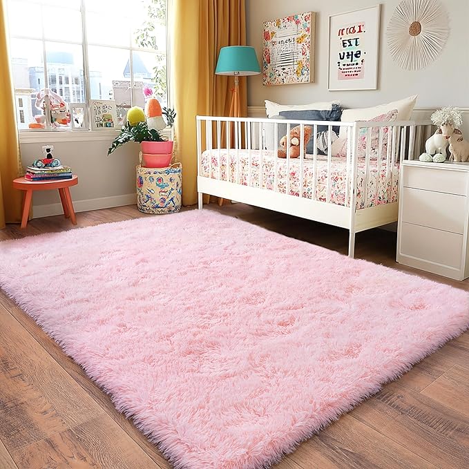 Pink Rug for Girls Bedroom, 4x6 Area Rug for Cute Girls Room, Bedside Indoor Floor Fluffy Shag Carpet, Plush Soft Rug for Living Room Nursery Dorm Home Decor