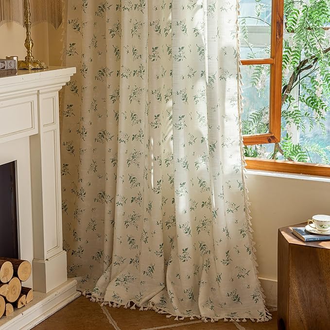 ENJOYBRIDAL White Floral 63 Inch Curtains 2 Panel Set Bedroom Tassel Drapes Short Boho Decor Semi Sheer Window Curtain Panels Living Room Rod Pocket Patterned Cute Rustic Window Treatments