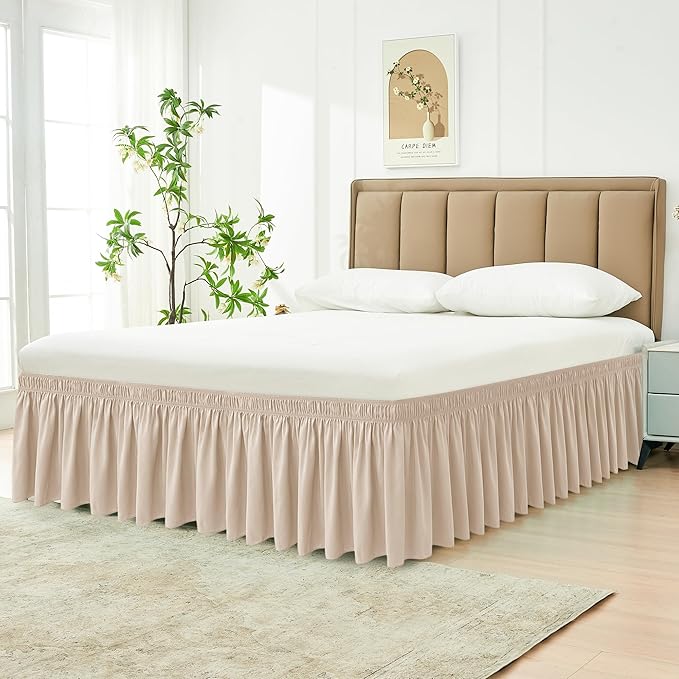 Biscaynebay Wrap Around Bed Skirts for King & Cal King Beds 17" Long Drop, Sand Adjustable Elastic Dust Ruffles Easy Fit Wrinkle Resistant Silky Luxurious Fabric Machine Washable