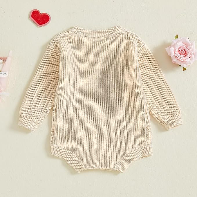 Lesimsam Newborn Baby Boy Girl Valentines Day Outfit Oversized Embroidery Long Sleeve Knit Sweater Bubble Romper Bodysuit