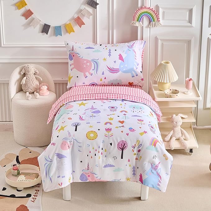 Joyreap 4 Piece Toddler Bedding Set for Girls- Pink Blue Colorful Unicorns Design, Microfiber Toddler Bedding Comforter Set for All Seasons