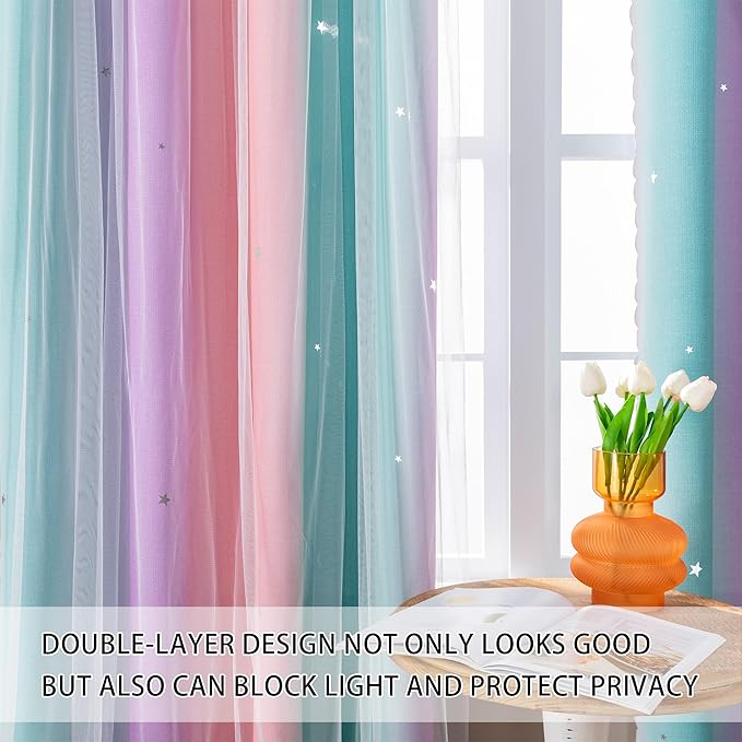 XiDi Girls Blackout Curtains 102 Inches Long for Bedroom, Room Darkening Grommet Window Ombre Curtains 2 Panel Sets, Kids Unicorn Princess Theme Decor Colorful Rainbow Design Pink Purple Green 52x102