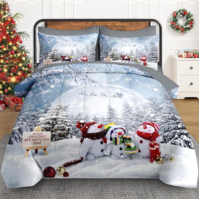 5 Pcs Twin Size Christmas Comforter Set with Pillowcase & Sham, Winter Snowy Forest Bedding for Kids and Adults, Happy Xmas Snowman Bed in a Bag with Flat Fitted Sheet