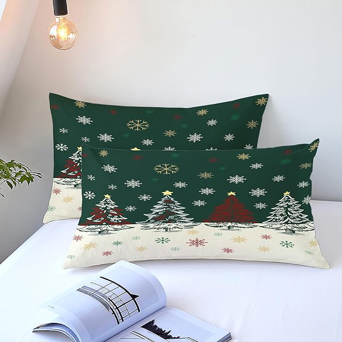Christmas Duvet Cover Queen Size Green Christmas Tree Bedding Set 3 Pcs Kids Boys Girls Xmas Holiday Cartoon Snowflake Comforter Cover with Zipper Closure (No Comforter)