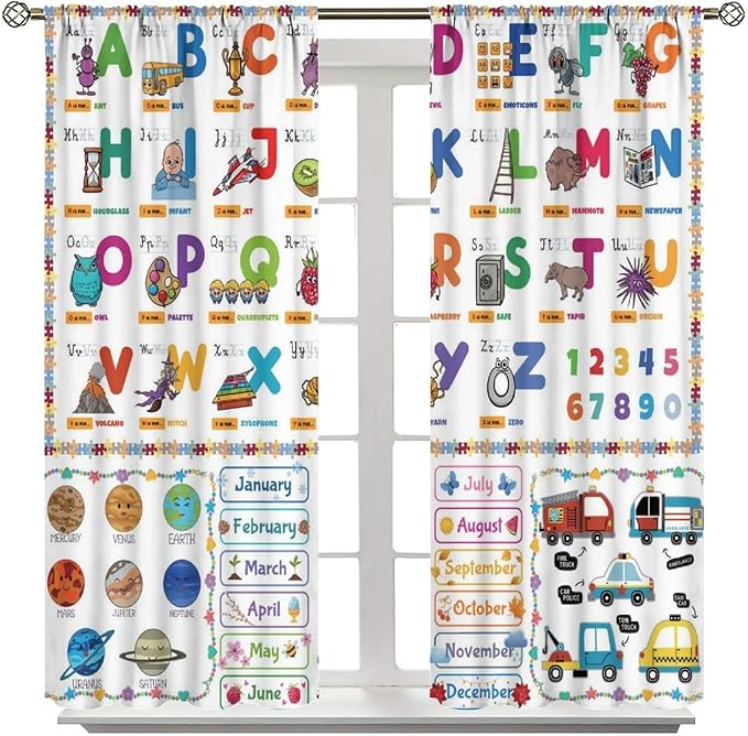 Alphabet Curtain for Kids Room ABC Letter Educational Learning Animal Number Printed Rod Pocket Blackout Window Drapes for Bedroom Playroom Classroom 84" W X 84" L