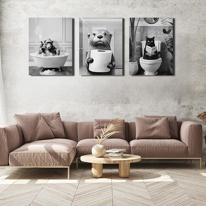 Framed Black and White Bathroom Wall Decor, Funny Animals Canvas Wall Art, Cute Otter Holding A Roll of Toilet Paper, Chimpanzee in Bathtub and Cat Reading Newspaper on the Toilet Pictures 24'' x 16''