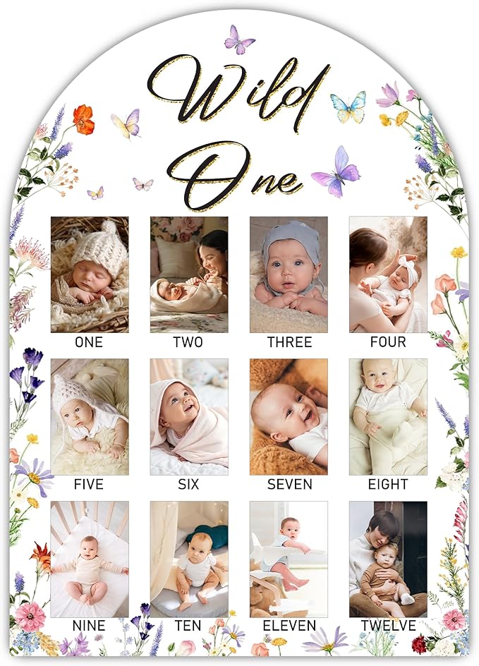 Wild One My First Year Photo Board, Wildflower Baby Milestone Signs for Boys Girls Nursery Decor, 12 Month Wooden Picture Board for 2x3 Photos, Best Babies Keepsake Gifts-A19