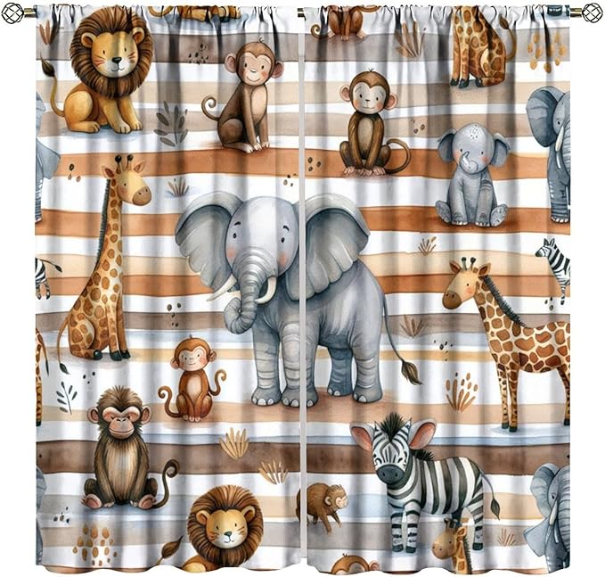 Kids Animal Curtains Elephants Giraffes Monkeys Lions Zebras Window Treatment for Kids Boys Girls Nursery Baby Bedroom Playroom Home Decor Window Drapes 63" W X 72" L