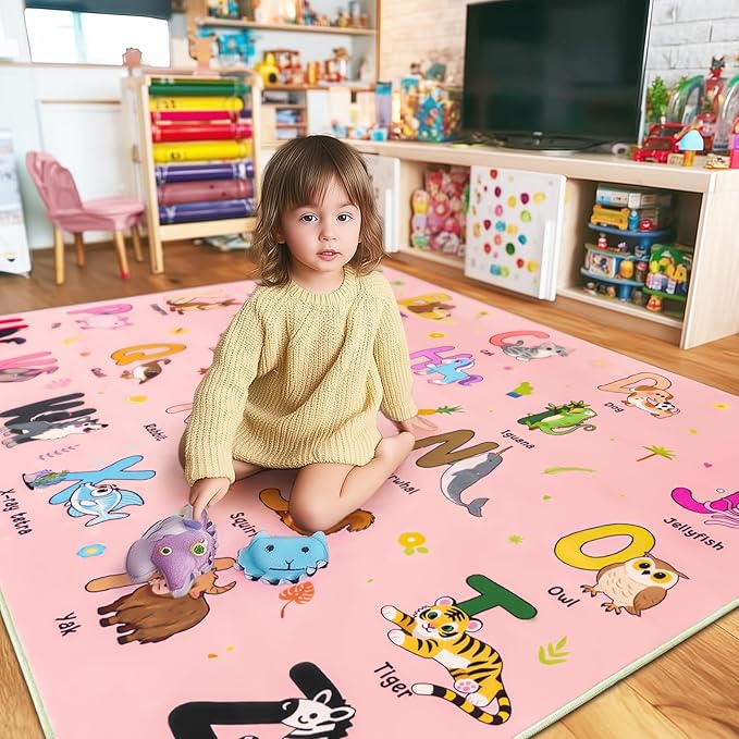 Kids Rugs for Playroom, 4x5 Feet Educational Rug for Learn The ABC Alphabet, Soft Machine Washable Non-Slip Cute Cartoon Animals Carpet for Classroom Toddler Nursery Kids Room Decor, Pink