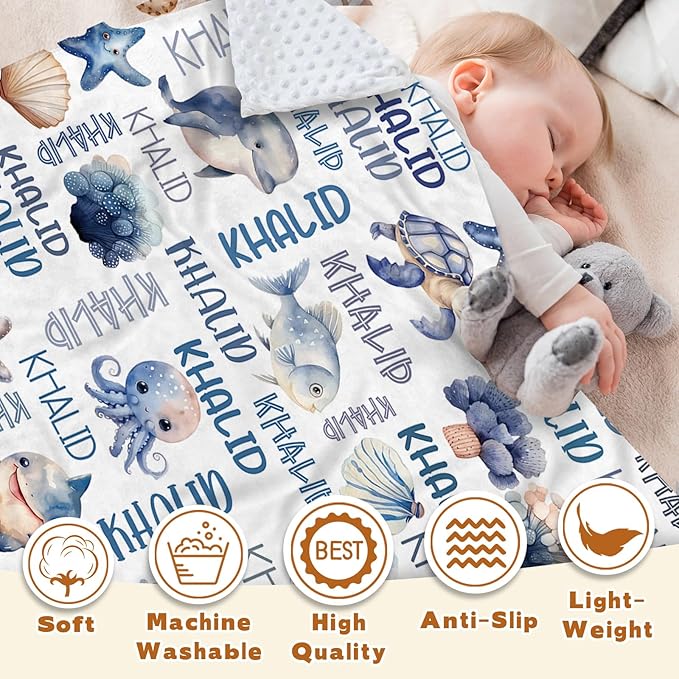 Personalized Baby Blanket with Name, Customized Blanket for Newborn Boys Girls, Ocean Animals Flannel Baby Name Blanket with Dotted Backing, Receiving Swaddle, Gifts for New Parents(30”x40)
