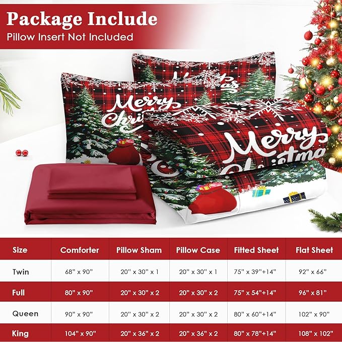 7 Pcs King Size Christmas Comforter Set with 2 Pillowcases & 2 Shams, Green Cartoon Trees Bedding for Kids and Adults, Black Red Plaid Bed in a Bag with Flat Fitted Sheet