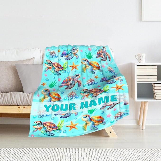Custom Sea Turtle Gifts for Women - 60" x 80" Inches Turtle Blanket for Adult - Green Warm Furry Blankets for Sofa, Bed & Living Room