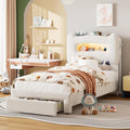 GarveeHome LED Twin Bed Frame with 2-Tier Storage Headboard, Upholstered Platform Bed with Charging Station and Drawer for Kids/Girls/Boys, Heavy Duty Metal Support, No Box Spring Needed, Beige