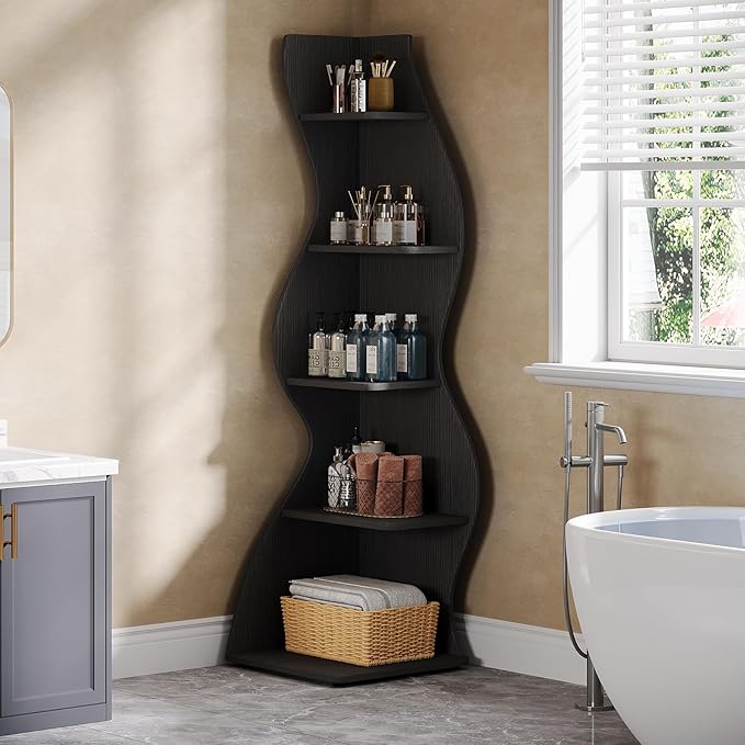Tribesigns Wavy Corner Shelf, Modern 5-Tier Bookshelf Bookcase with Curvy Shape, Unique Plant Stand Display Rack for Living Room Small Space (Black)
