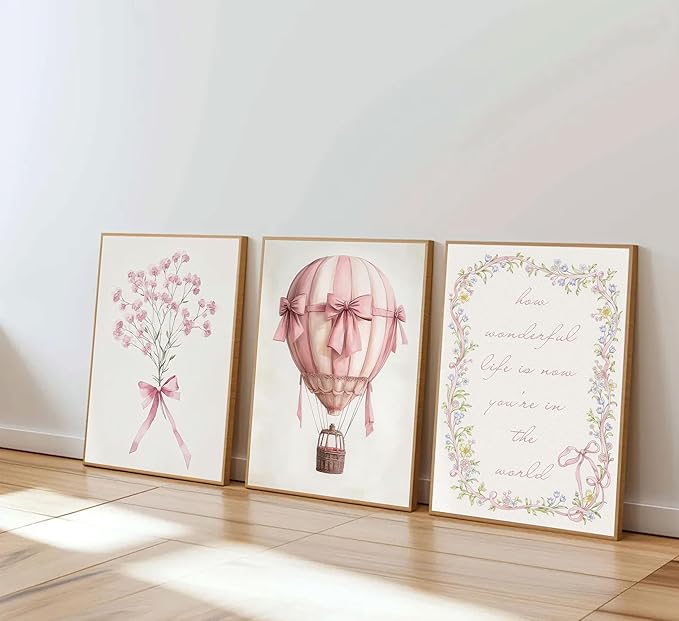 3Pcs Pink Nursery Wall Art Pictures Cute Baby Girls Room Posters Print Neutral Pink Bow Bouquet Hot Air Balloon Pastel Painting Wall Decor for Kids Room Little Girl Bedroom 16x24in Unframed