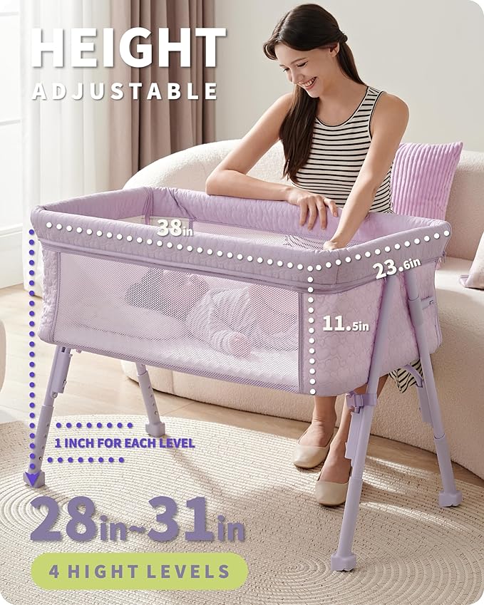 AirClub Bassinet Bedside Sleeper, Baby Crib for Newborn, Baby Bassinets Bedside Sleeper with 4 Auto-Lock & Adjustable Height, Breathable Mesh & Mattress, Bedside Bassinet