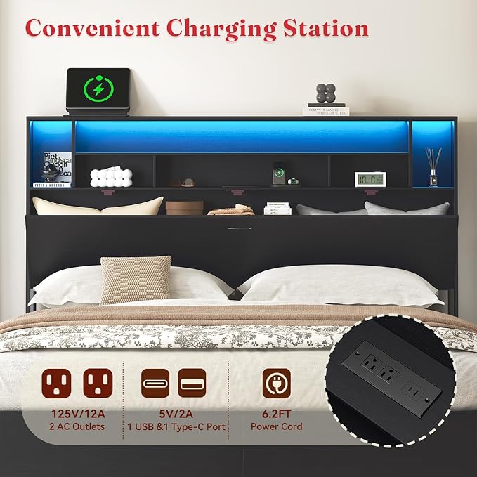 Queen Bed Frame with Large Headboard Storage, Bed Frames with 2 Under Bed Drawers, Built-in LED Lights Charging Station, Easy Assembly, Black