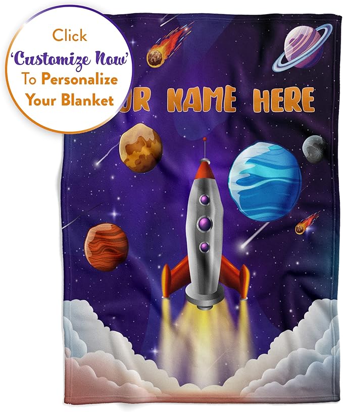 Custom Rocket Ship Blanket for Kids, Cute Custom Name Throw for Boys and Girls, Fun Outer Space, Galaxy, and Planets, Soft and Plush, Birthday or Christmas, (Fleece 30x40)