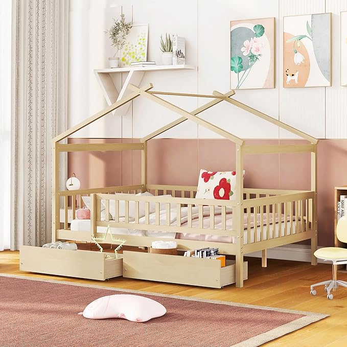 Full House Bed with 2 Storage Drawers, Kids Full Bed Frame with Rails and Roof, Tent Bed, Wooden Full Daybed, Full Montessori Bed for Kids Teens Girls & Boys, No Box Spring Needed (Natural)