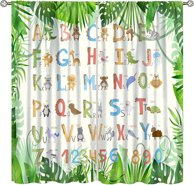 Kids Animal Alphabet Curtain Tropical Plant Alphabet Educational Printed Rod Pocket Blackout Window Drapes for Bedroom Living Room Nursery School 42" W X 54" L
