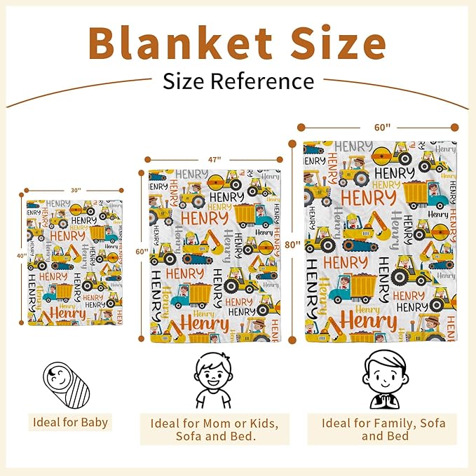 Personalized Baby Blankets for Boys, Custom Name Blanket Birthday Gift for Kid, Soft Flannel Blanket with Dotted Backing for Infants Toddlers, Customized Gifts, Yellow Truck(60" x80)