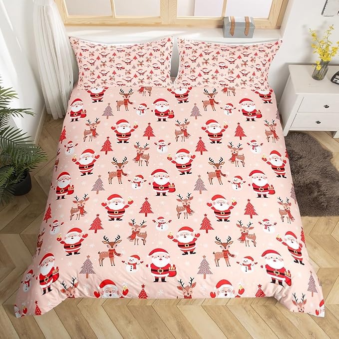 Christmas Kids Bedding Set Santa Claus Bedding Duvet Cover Set for Boys Girls Christmas Tree Deer Decor Comforter Cover Set Snowflake Xmas Theme Bedspread Cover Bedroom Quilt Cover 3Pcs King Size