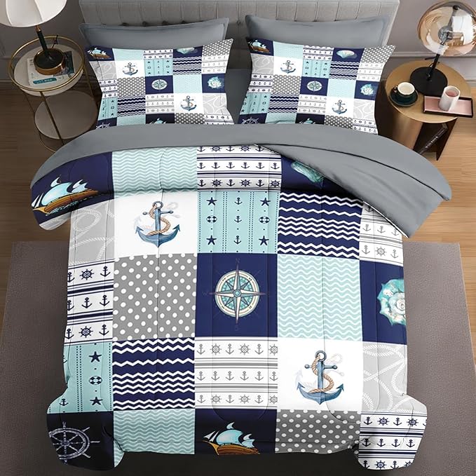 7 Pcs Full Size Comforter Set with 2 Pillowcases & 2 Shams, Nautical Blue Marine Summer Bedding for Kids and Adults, Sea Ocean Boat Plaid Bed in a Bag with Flat Fitted Sheet