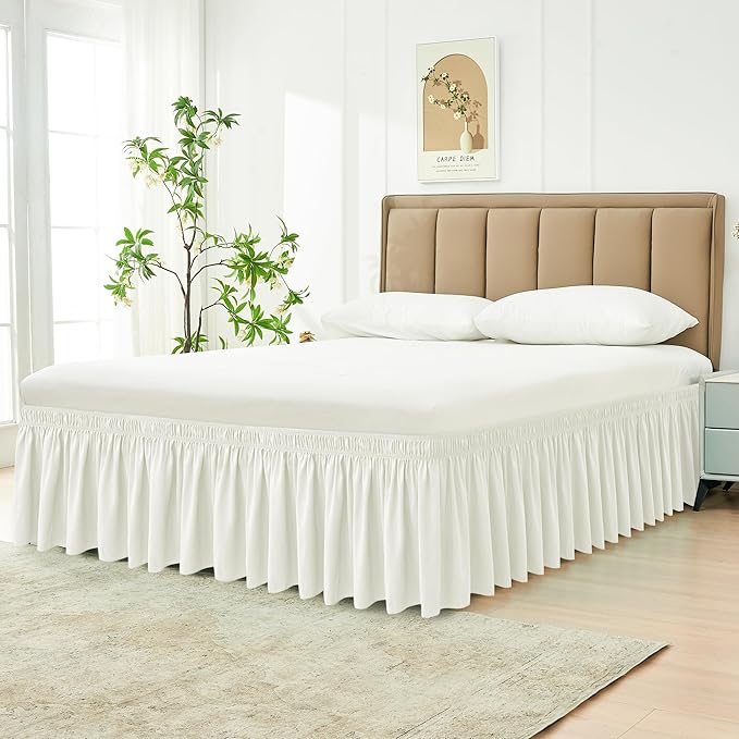 Biscaynebay Wrap Around Bed Skirts for Queen Beds 17" Long Drop, Ivory Adjustable Elastic Dust Ruffles Easy Fit Wrinkle & Fade Resistant Silky Luxurious Fabric Solid Machine Washable