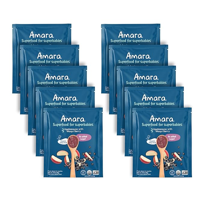 Amara Organic Baby Food - Stage 2 - Applesauce & Maqui Berry - Baby Cereal to Mix With Breastmilk, Water or Baby Formula - Shelf Stable Baby Food Pouches Made from Organic Fruit - 10 Pouches, 3.5oz Per Serving