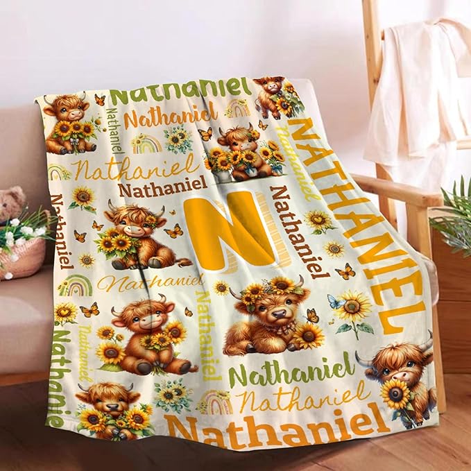 Personalized Custom Sunflower Highland Cow Blanket Gifts for Kids Boys Girls with Name - Customized Sunflower Highland Cow Super Soft Fuzzy Flannel Sheets Decor for Crib Nap Couch - 60"x80" for Adult