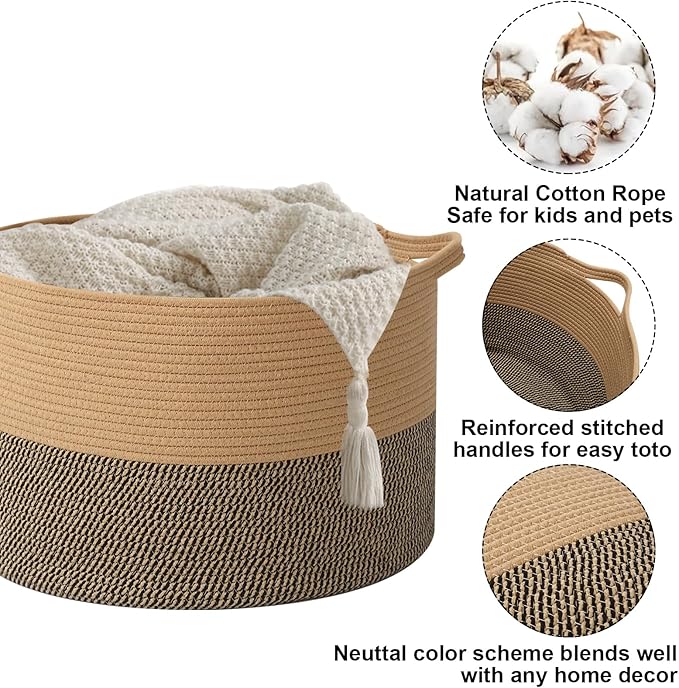 Large Blanket Basket for Organizing,115L Closet Organizers and Storage Bins Box for Shelves Woven Rope Storage Baskets,Living Room,Bedroom,Dorm,Laundry room (Jute&Black)