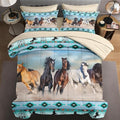 7 Pcs Full Size Comforter Set with 2 Pillowcases & 2 Shams, Horses Western Bedding for Kids and Adults, Tribal Sunset Run Bed in a Bag with Flat Fitted Sheet