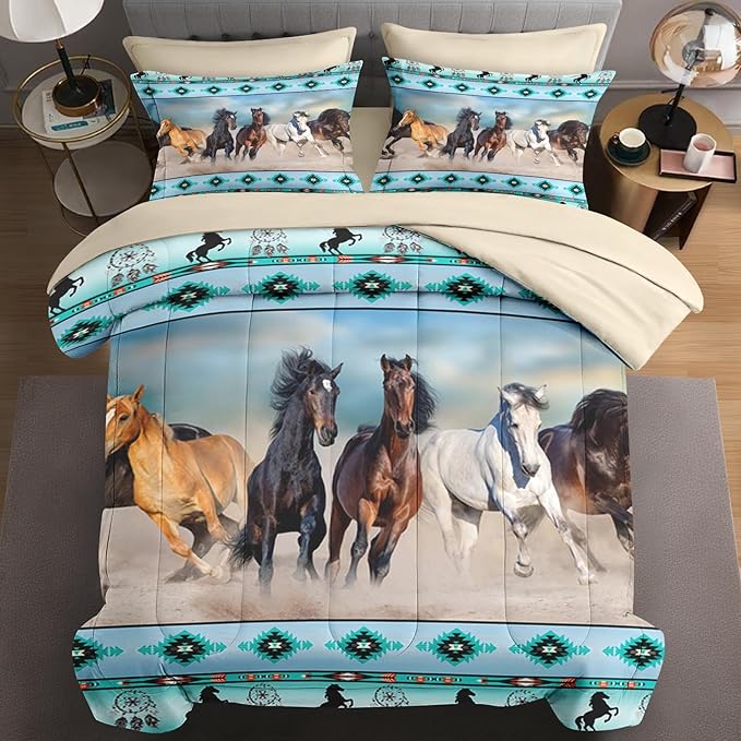 7 Pcs Queen Size Comforter Set with 2 Pillowcases & 2 Shams, Horses Western Bedding for Kids and Adults, Tribal Sunset Run Bed in a Bag with Flat Fitted Sheet