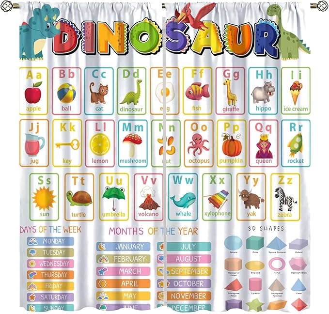 Funny Kids Alphabet Curtain, Cartoon Animal Alphabet Learning Dinosaur Boys Kids Students Baby Educational Colorful Blackout Window Treatments for Bedroom Living Room School 63" W X 63" L