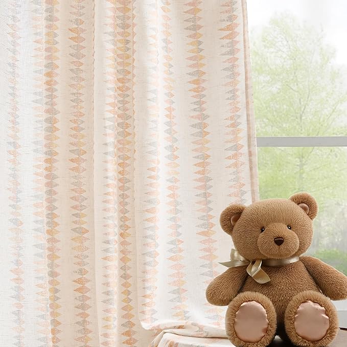 jinchan Linen Nursery Curtains for Living Room Boho Curtains for Bedroom Kids Room 96 Inches Long Pink Geometric Printed Farmhouse Drapes Rod Pocket Window Treatment Curtain Set of 2 Panels Peachy