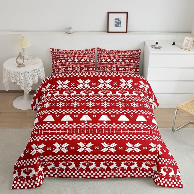 Feelyou Red Christmas Bedding Set for Kids Boys Girls King Size Xmas Deer Decor Comforter Set Ultra Soft Xmas Snowflake Comforter Winter Duvet Quilt Bedroom Decor Christmas Decor Quilt