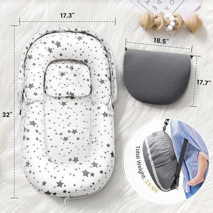 AmazingLife Baby Lounger, Newborn Lounger with Mosquito Net, Converts to a Backpack for Easy Carrying, Gifts for Babies Aged 0-12 Months, Star