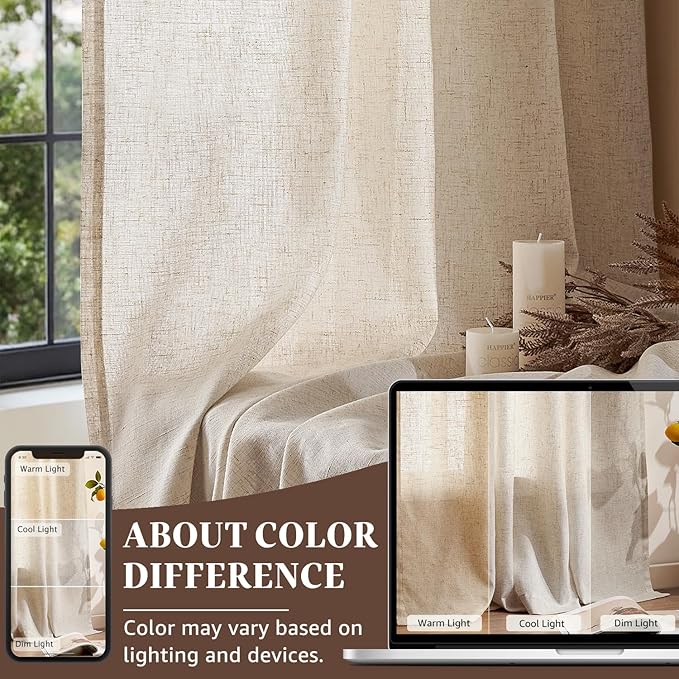 jinchan Beige Linen Blend Curtains 102 Inches Extra Long 2 Panels for Bedroom Living Room, Floor to Ceiling 50 Inches Wide Natural Farmhouse Drapes with Rod Pocket Back Tab (50W x 102L, Ecru)