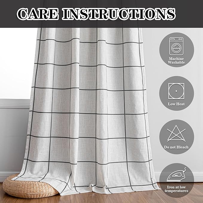 MYSKY HOME 100% Blackout Plaid Farmhouse Linen Curtains 84 Inch Long 2 Panels Set for Living Room Double Layer Windowpane Drapes Thermal Insulated Privacy Protection Rod Pocket Back Tab, 52" W, Black