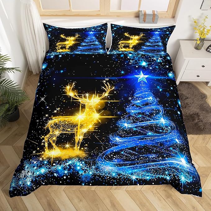 Christmas Duvet Cover Set King Size Gold Reindeer Bedding Set 3pcs for Kids Boys Girls Room Decor Blue Christmas Tree Comforter Cover Western New Year Theme Quilt Cover with 2 Pillowcases,No Comforter