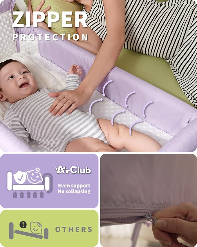 AirClub Bassinet Bedside Sleeper, Baby Crib for Newborn, Baby Bassinets Bedside Sleeper with 4 Auto-Lock & Adjustable Height, Breathable Mesh & Mattress, Bedside Bassinet