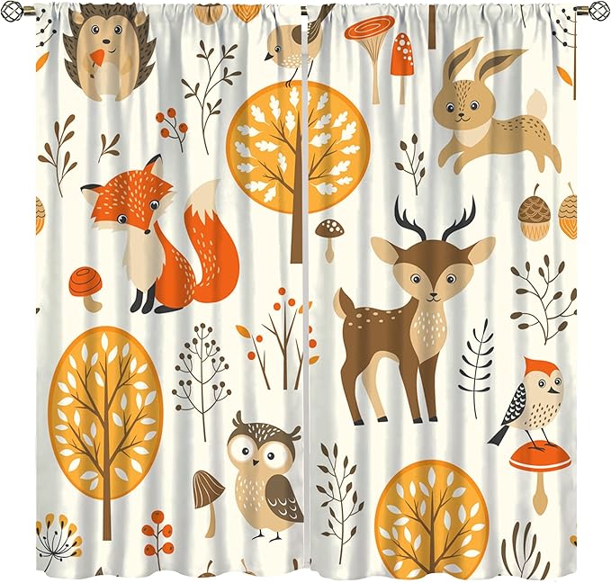 Kids Forest Animal Curtains,Baby Bedroom Window Treatments, Cartoon Watercolor Forest Animal Lion Boys Girls Children Bedroom Drapes 63x63in