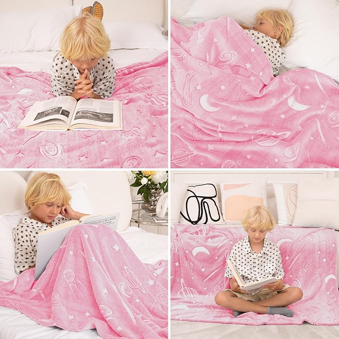 inhand Pink Blanket Girl Room Decor Glow in The Dark Soft Cute Space Star Moon Galaxy Blanket for Kids Birthday Gifts Planet Toys for 3,4,5,6,7,8,9,10,11,12 Years Old (40''x60'' Pink)