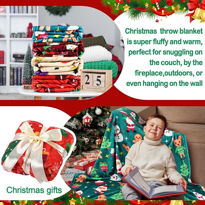 Buryeah 4 Pack Christmas Throw Blankets Bulk Snowman, Gifts, Santa, Gingerbread Man, Xmas Tree Soft Cozy Christmas Plush Flannel Blanket for Sofa, Bed, Couch, Home Decor Xmas Supplies, 50 x 60 Inches
