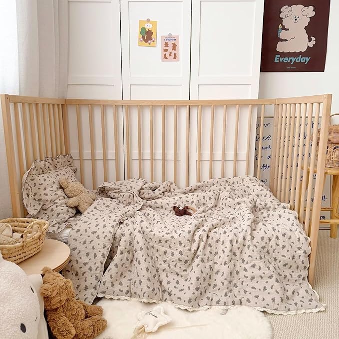 BuLuTu Vintage Orchid Flower Print Toddler Blanket Quilt with Chic Lace Edges, Soft Breathable Cotton Muslin Crib Blanket Toddler Bed Blankets Lightweight Kids Comforter, 47x59 Inches