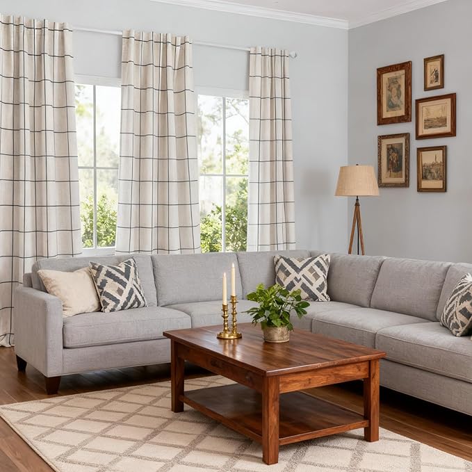 MYSKY HOME 100% Blackout Plaid Linen Curtains 108 Inches Long Double Layer Farmhouse Thermal Insulated Checkered Patterned Drapes Rod Pocket Back Tab for Living Room, 2 Pcs, 52" Wide, Deep Grey
