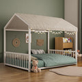 Merax Full Floor Bed Frame, Montessori Style Metal House Shaped Kids Bed with Vertical Safety Guardrails, No Slats, Grounded Design for Kids and Toddlers, Easy Assembly, White