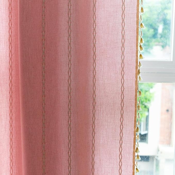 Deeprove Pink Boho Curtains 63 inches Length for Baby Girl Bedroom Nursery, Vintage Bohemian 63 inches Long Embroidery Farmhouse Light Filter Country Tassel Window Treatments, W52 x L63, 1 Panel