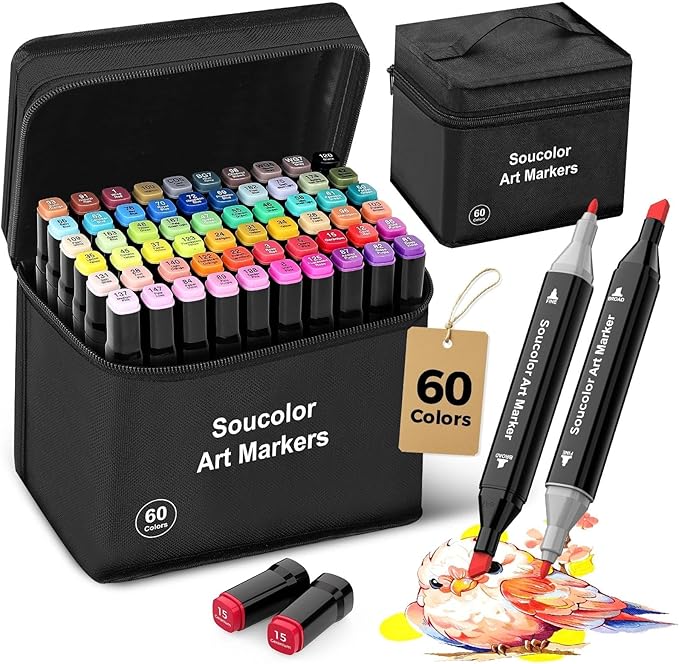 Soucolor Alcohol Markers 60 Colors with Case, Dual Tips Chisel & Fine Art Markers for Adult Coloring Kids Drawing, Artist Markers Art Supplies for Blending Sketching