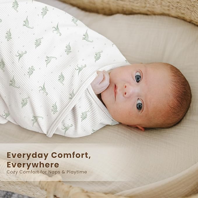 Konssy Knit Baby Blanket 2 Pack, Soft Ribbed Swaddle Receiving Blankets for Boys & Girls, Lightweight Cozy Warm Crib Blanket for Newborns, Infants, & Toddlers, 33x42 Inch (Baby Green Plaid,Green Dino)